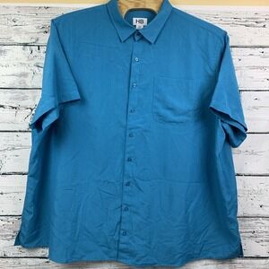 HB Men's [Size 4XL] Blue Grid Polyester Short Sleeve Button Up‎ Shirt